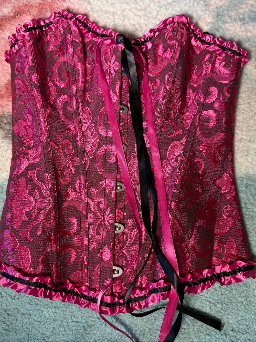 Hot Pink Brocade Corset Top with Ribbons XS Goth